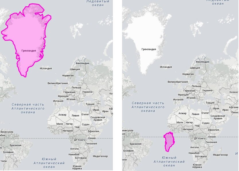 Страны "гиганты"  в реальном размере: Гренландия и Африка