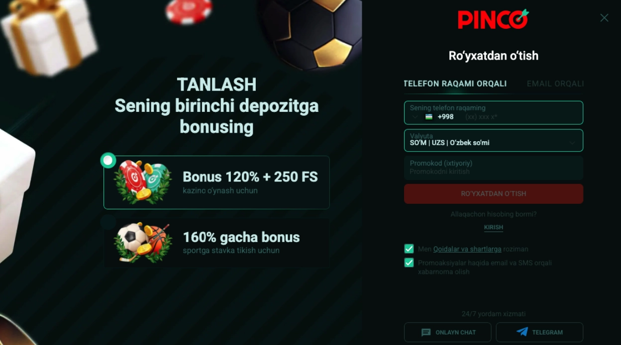 Pinco Casino’da ro‘yxatdan o‘tish